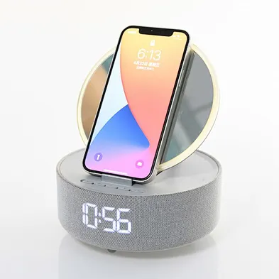 Multifunctional 5 in 1 Vanity Mirror with LED Fill Light Wireless BT Speaker LED Clock Wireless Charger