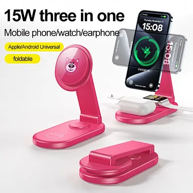 2024 new high quality Magnetic Wireless Foldable 3 In 1 15W Wireless Charger Stand wireless charger portable