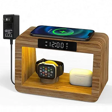 High Quality Wooded Bamboo 5 In 1 Stand Led Desk Lamp With Wireless Charger for Phone