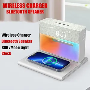 2024 new design And Rgb Wireless Char Bedside Table Speaker With Alarm Clock multifunction wireless charger