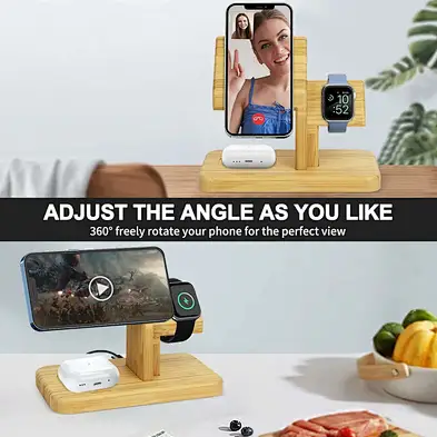 Wood 15W Type-C 3 In 1 Bamboo Wireless Charger
