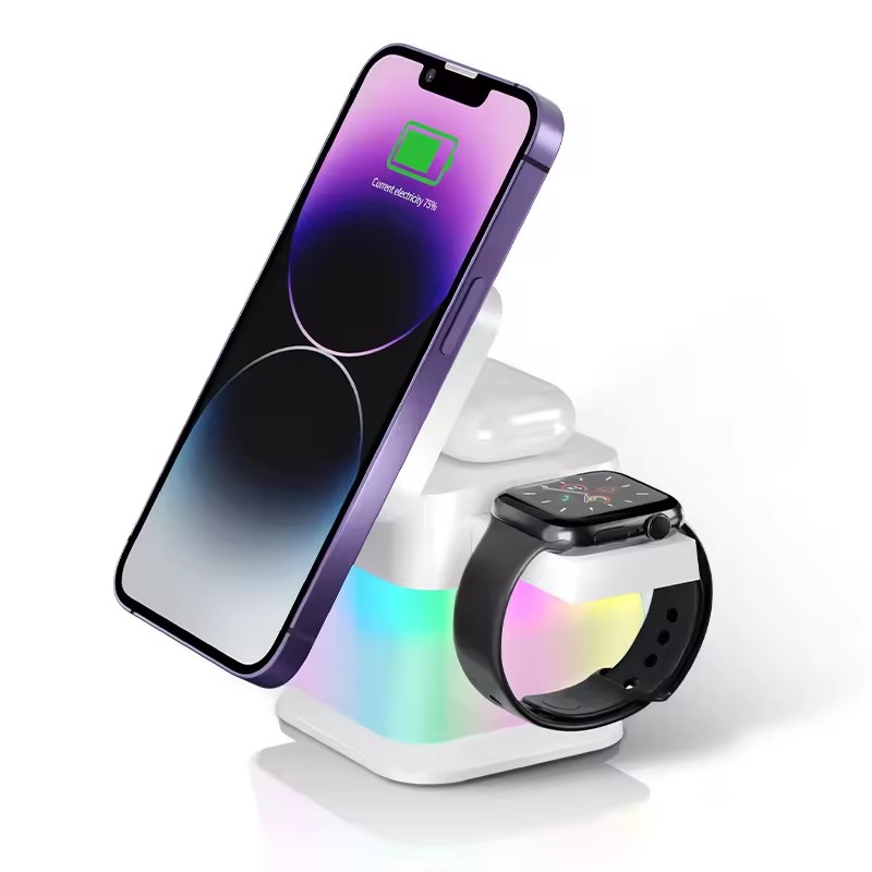 Factory Qi Charging Station Stand RGB Colorful Lamp Cube 3-1 Multi-functiion Magnetic Wireless Charger 2024