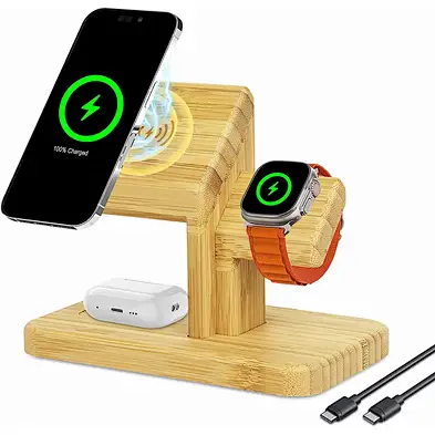 Wood 15W Type-C 3 In 1 Bamboo Wireless Charger
