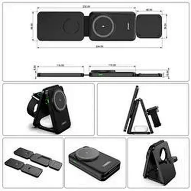 2024 phone holder multifunction wireless charger Magnetic Qi Wireless Charger Foldable 3 In 1 black