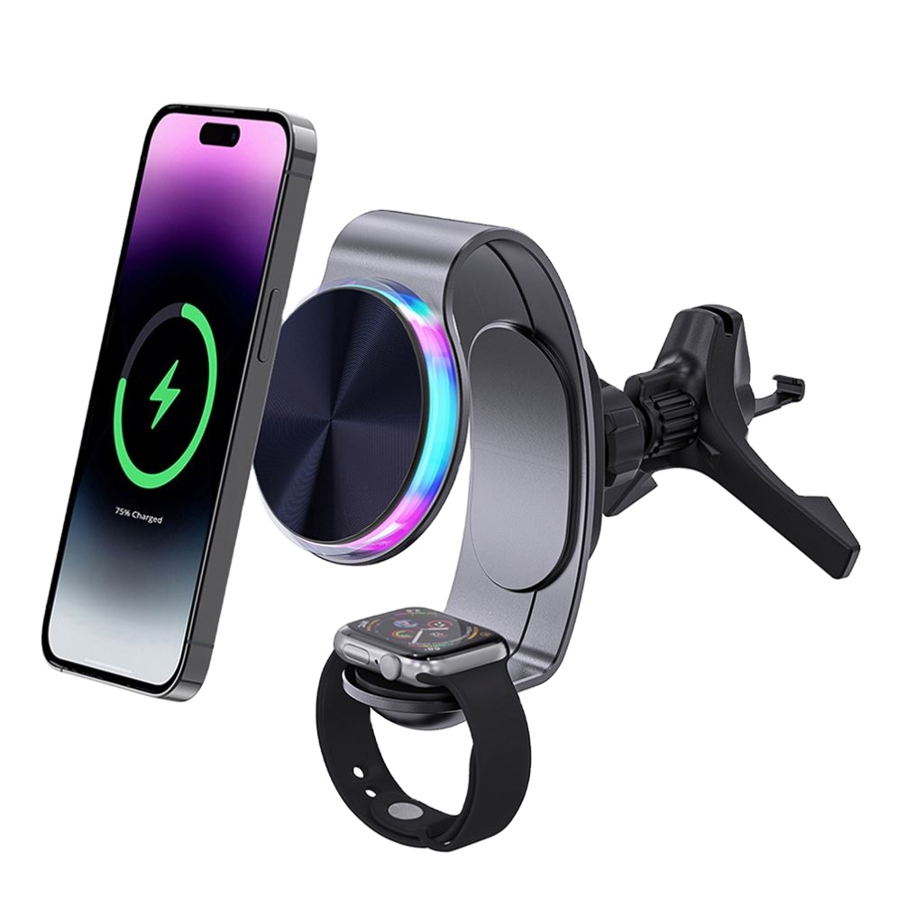 15w Car Charger Magnetic 2 in 1 Led Atmosphere Lamp Car Wireless Charger Holder Aluminum Magnetic Wireless Car Charger B026