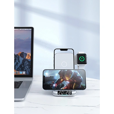 2023 New Multifunctional foldable 4 in 1 wireless charger with alarm clock stand portable wireless phone charger