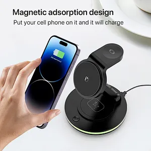 High quality Magnetic fast charging 3 In 1 multifunction for phone watch wireless charger with RGB night lamp