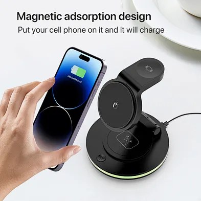 High quality Magnetic fast charging 3 In 1 multifunction for phone watch wireless charger with RGB night lamp