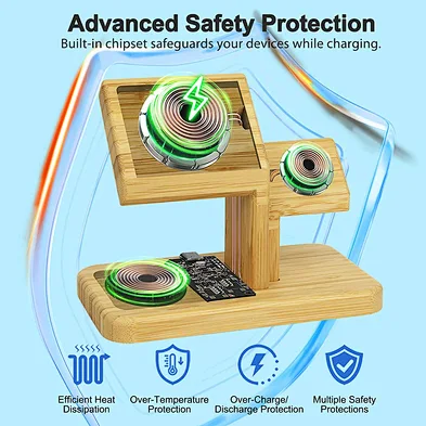 3 In 1 Stand 15W phone Magnetic Suction Charging Fast Desktop Hot Selling Wooden Wireless Charger