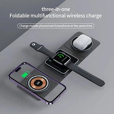 JEDI 2023 New Hot Foldable 3-in-1 Charging Mat Pocket Size PU Leather 3 In 1 Folding Magnetic Wireless Charger With Custom Logo