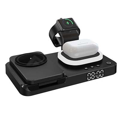 5 In 1 Foldable Charging Stand Bed Side Led Night Light Wireless Charger With Alarm Clock