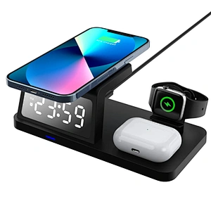 2023 New Arrival Led Time Display Quick Charging 3 In 1 Wireless Charger With Alarm Clock H63