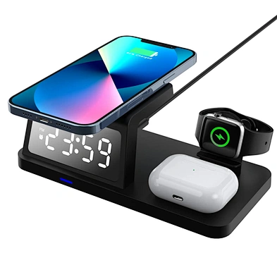 2023 New Arrival Led Time Display Quick Charging 3 In 1 Wireless Charger With Alarm Clock H63