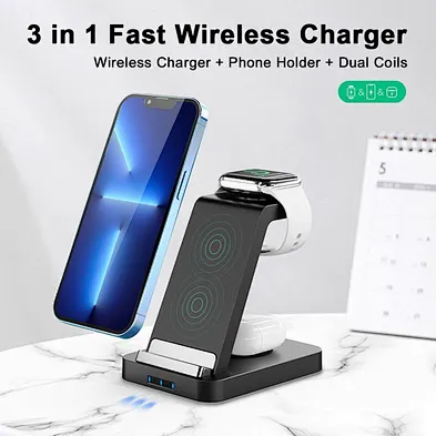 JEDI 3 in 1 15w Fast Charge Wireless Charger Stand holder QI Wireless Charging Multifuncion Station for Phone Watch Earbuds