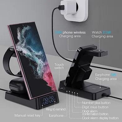 3 In 1 With Clock Light Magnetic 3 In 1 Portable 15W Fast Wireless Charger