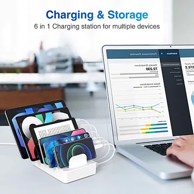 50W 6 Port multi usb charger station Organizer with 6 Cables Compatible with Cellphone tablet
