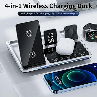15W Wholesale Smart Touch Fast Charging Qi  Desk Digital Clock Led Light 2023  Portable 3-In-1 foldable Wireless Charger Stan