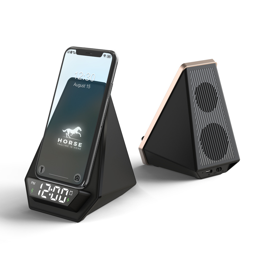 Clock alarm clock with illuminated logo suitable for Apple phone holder wireless charging BT speaker