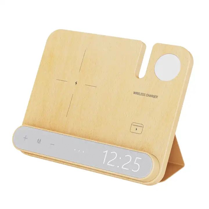 Hot Selling 3 In 1 Desktop 15W Wooden Qi Fast Digital Bamboo Wood Alarm Clock And Wireless Charger