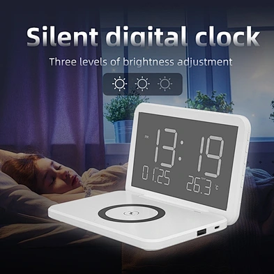 15W Electronic Desk Calendar Clock Folding Wireless Charging  with Phone Charger Mirror Wireless Charging Alarm Clock