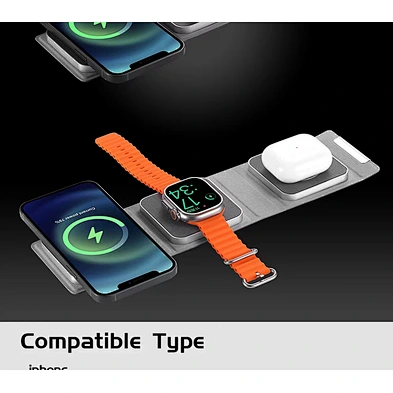 Travel Pocket Size PU Leather 3 In 1 Foldable Magnetic Wireless Charger For Phone Earphone Watch