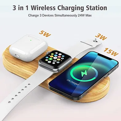 2024 multifunction 15W 3 In 1  Wireless Charger Pad Wood 10w wireless charger wood