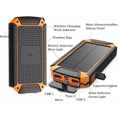 Cigarette Lighter 20000 mAh waterproof solor Wireless charger solar power bank for cell phone