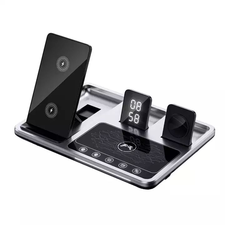 3 In 1 Fast Charging 3-In-1 Foldable 15W Digital Clock Metal Wireless Charger