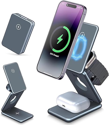 15W Magnetic Charging Stand Stylish Aluminum Alloy Foldable Wireless AK09 3 In 1 Foldable Charger For Watch H301