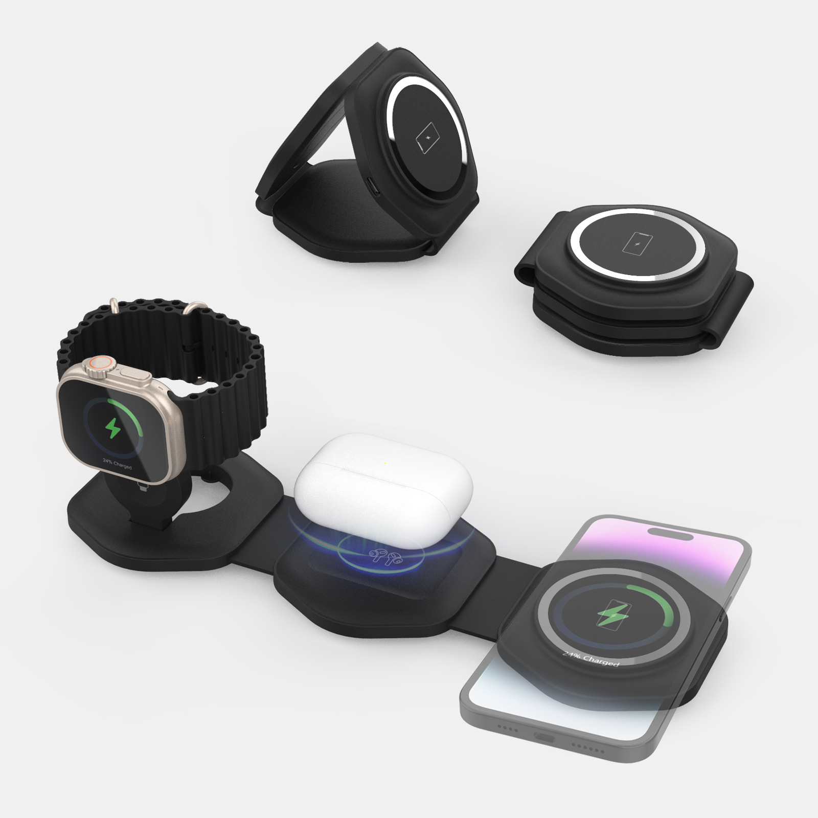 Qi Fast Chargers Portable 3 In 1 Magnetic Foldable Wireless Charger Pad For Iphone For Airpods