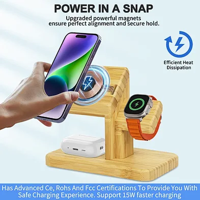 3 In 1 Stand 15W phone Magnetic Suction Charging Fast Desktop Hot Selling Wooden Wireless Charger