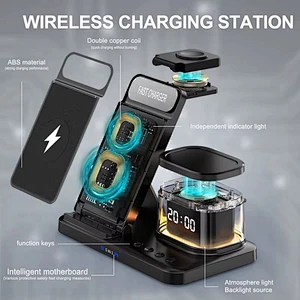 5 In 1 Multifunction Table Alarm Clock Mobile Phone Charging Holder Desktop Folding H33 4In1 Wireless Charger Lamp