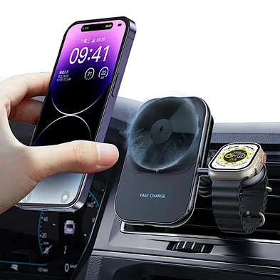 15w Magnetic Fast Car Charger Wireless Phone Holder Air Vent Holder 2 In 1 Wireless Car Charger Watch