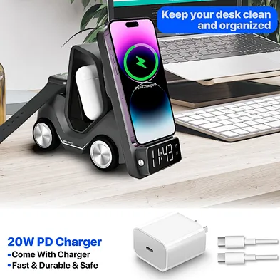 6 in 1 forklift charger  car shape alarm clock wireless charger car shaped multifunction wireless charger