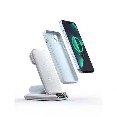 2023 New Multifunctional foldable 4 in 1 wireless charger with alarm clock stand portable wireless phone charger