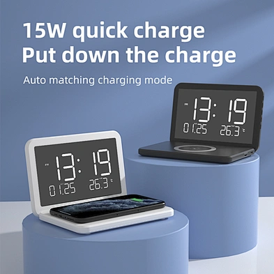 New Hot Selling  Wireless charger  Alarm Clock 15W Wireless Chargers With Time for Phone