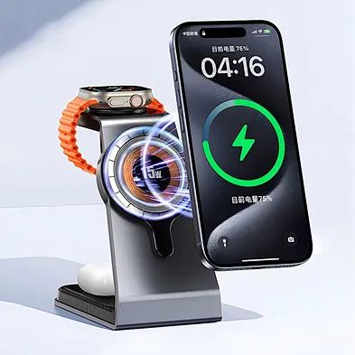 Customized OEM wireless charger stand 15W fast wireless charging 3 in 1 metal magnetic transparent wireless charger