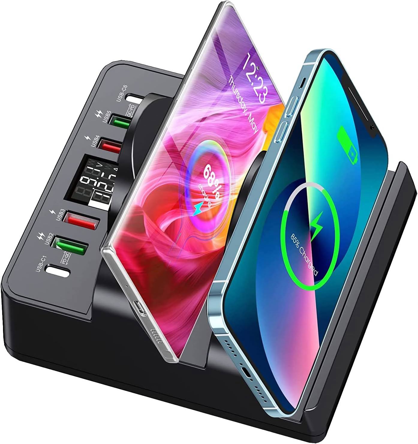 2024 3 in 1 Wireless Charger,gaN Dual 15W Charger Pad QC PD USB Fast Phone Charger Battery Indicators for multifunction