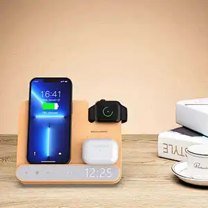 Hot Selling 3 In 1 Desktop 15W Wooden Qi Fast Digital Bamboo Wood Alarm Clock And Wireless Charger