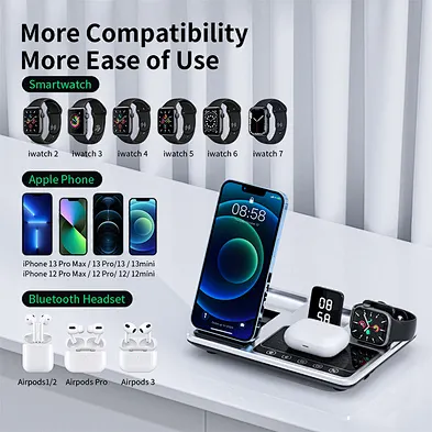 3 In 1 Fast Charging 3-In-1 Foldable 15W Digital Clock Metal Wireless Charger