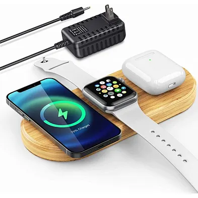 2024 multifunction 15W 3 In 1  Wireless Charger Pad Wood 10w wireless charger wood