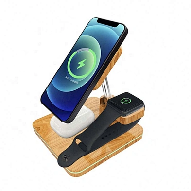 Multifunctional Wholesale Fast Qi Charging phone Foldable 15W Mobile Stand Up 3 In 1 Wood Wireless Charger For Phone
