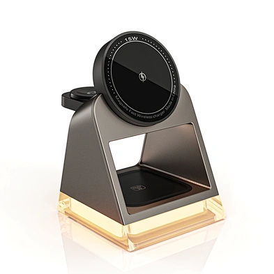 High Quality Portable 3-In-1 Desktop Universal Magnetic 15W Fast Charging Dock Station With Led Lamp For Watch Wireless Charger