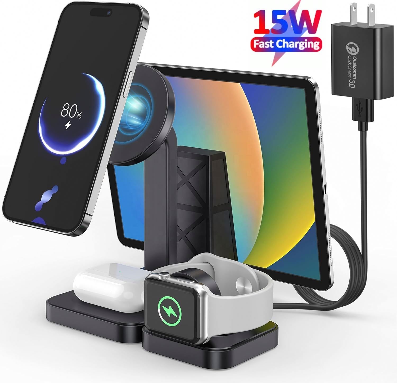 2024 NEW 15W Qi Fast Charging Dock Station Multi Devices Magnetic 4 in 1 Wireless Charger Stand for multifunction