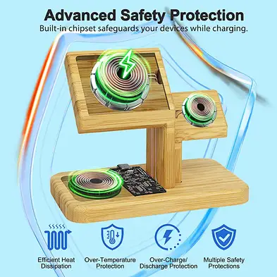 Wood 15W Type-C 3 In 1 Bamboo Wireless Charger