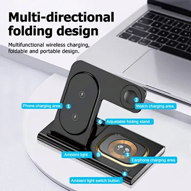 JEDI Portable Charging Stand 15W Fast Universal Multi-Function A80 Qi 4-In-1 Table 3 In 1 Foldable Wireless Charger