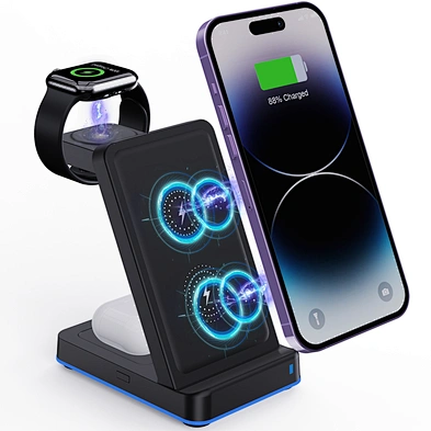 Two Sides Watch Charging Qi Fast Charge 15W 3 In 1 Wireless Charger With Turned Over Design