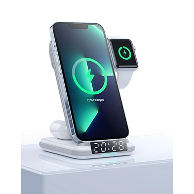 2023 New Multifunctional foldable 4 in 1 wireless charger with alarm clock stand portable wireless phone charger