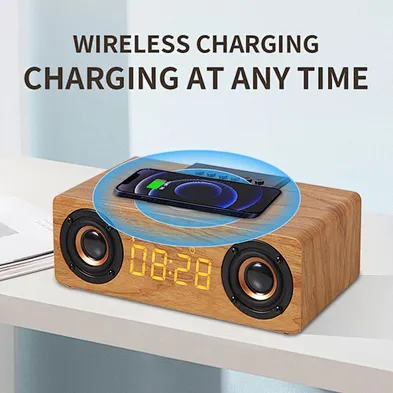 New Multi-functional Wooden Alarm Clock Speaker 10W Mobile Phone Wireless Charger CO213