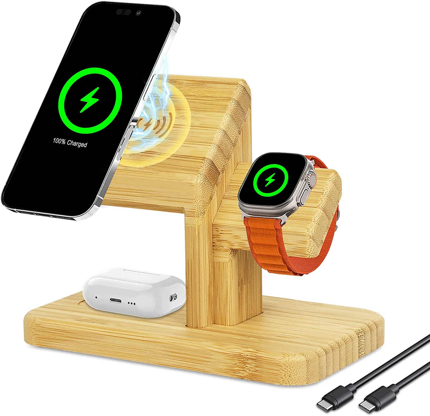3 In 1 Stand 15W phone Magnetic Suction Charging Fast Desktop Hot Selling Wooden Wireless Charger